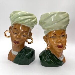 Vintage Pair of African / Nubian Head Vases Turban / Headdress